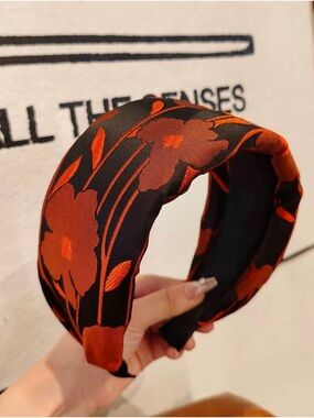 Black & Orange  Japanese Floral style Padded wide Headband